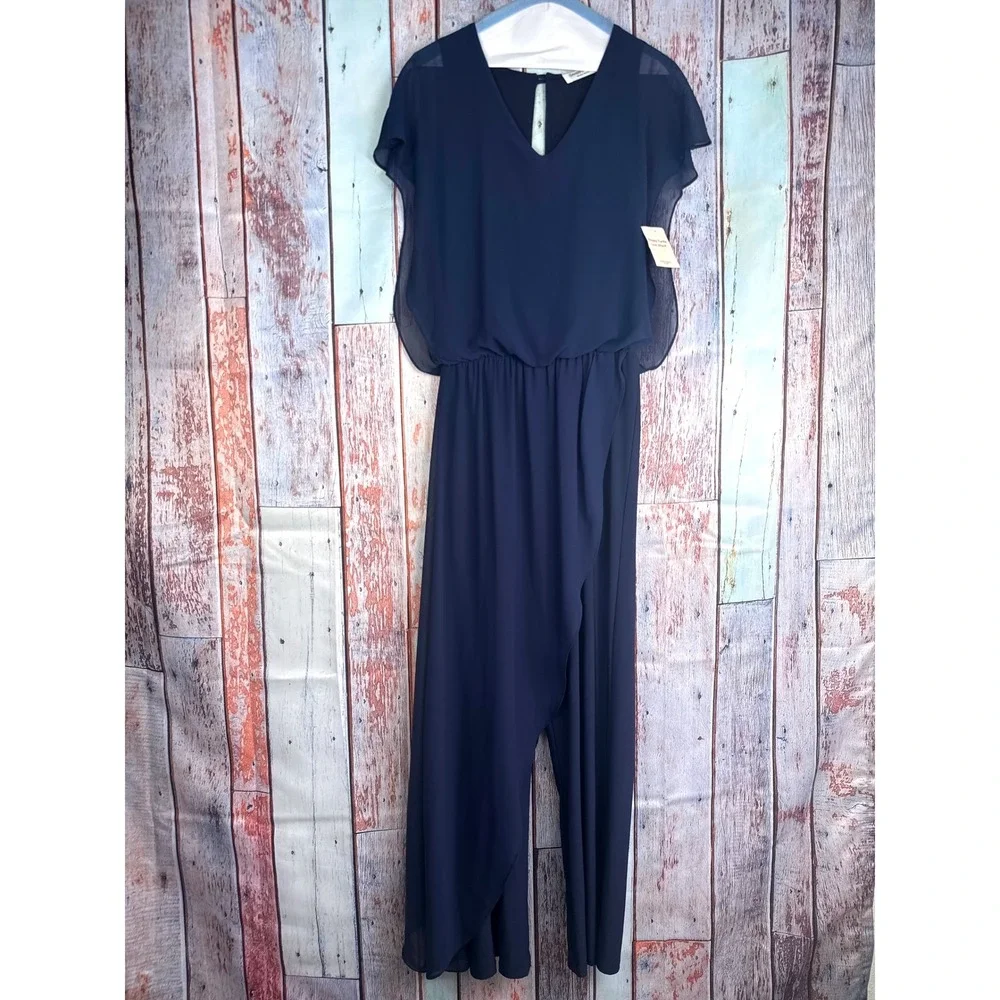 NWT Snappy Turtle Navy Blue Chiffon Overlay Jumpsuit XS Wedding Cocktail